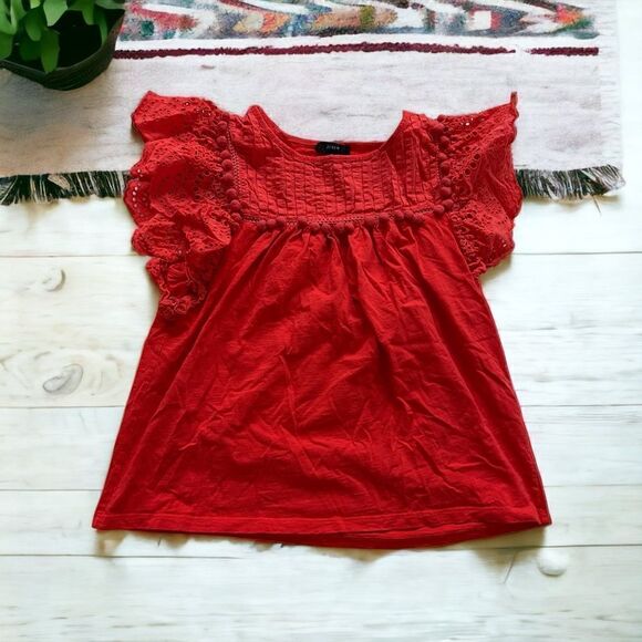 J.Crew Women Girls Eyelet Flutter-Sleeve Top with Pom-Pom Trim Orange Red Size S - Picture 1 of 7